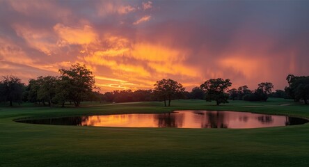 Obraz premium Still golf course panorama with water pond and intense sunset lighting