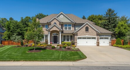 Stylish suburban custom home featuring a generous driveway and decorative front yard copy space