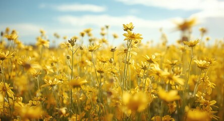 Naklejka premium Yellow flower field texture background with soft daylight copy space