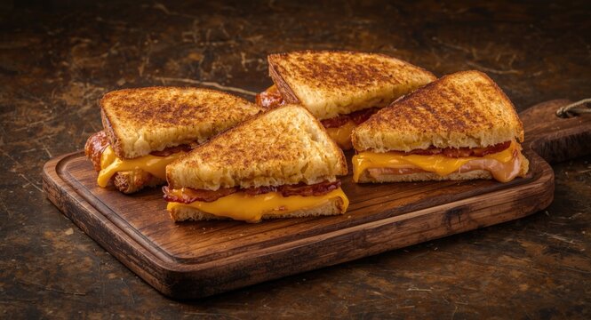 Tasty grilled cheese sandwiches with crispy bacon arranged on a rustic wood board against a dark textured background for culinary content