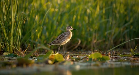 Fototapeta premium Peaceful shorebird standing tall in lush marshland at dawn