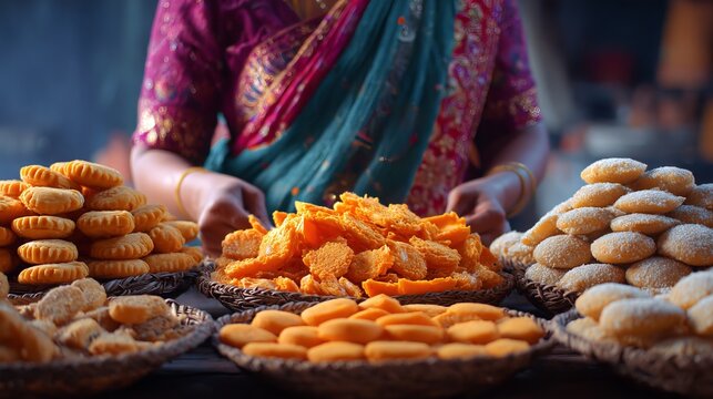Smiling Indian woman holding traditional Diwali sweets gujiya peda and barfi celebrating festive joy during Navratri Dussehra Holi Ganesh Chaturthi Ram Navami and Durga Ashtami in Mumbai India
