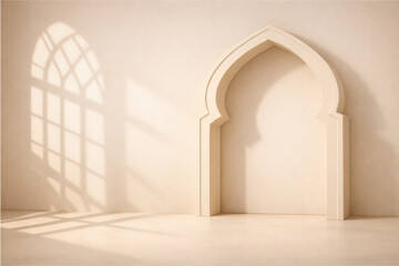 Fototapeta premium Minimalist Islamic background with a soft 3D Arabic arch, elegant shadow play from a window, soft beige and cream color palette