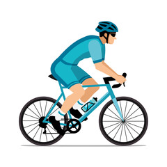 Obraz premium Cyclist with helmet and sunglasses riding a bicycle in cycling shorts and jersey. Blue flat design. Hand drawn illustration. 