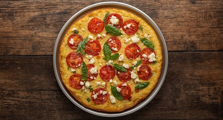 Italian frittata omelet loaded with tomatoes and feta cheese with copy space for text or design