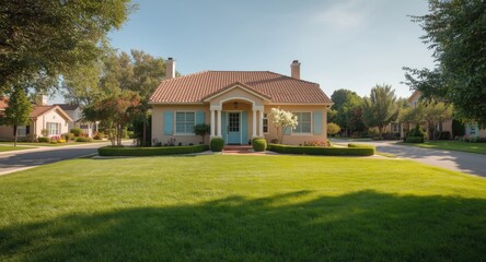 Obraz premium A flawlessly kept home with manicured suburban lawns basking in gentle summer light