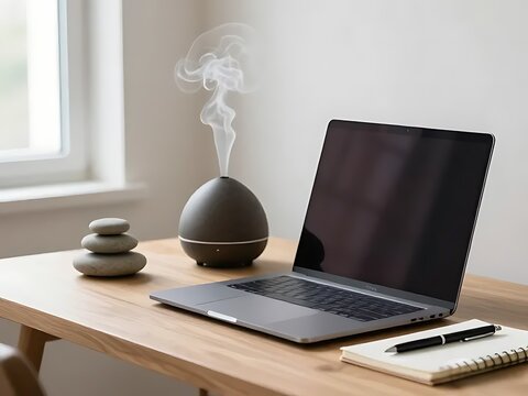 Cozy remote work setup with an aroma humidifier, notebook, and zen stones on table.