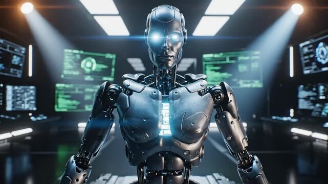 Futuristic robot in tech environment with electric arcs and displays