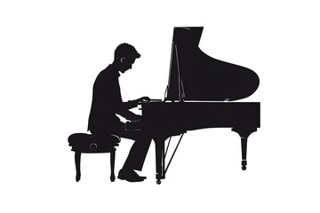 Melodic Silhouette: A musician in silhouette, immersed in the art of music, plays a grand piano, the keys resonating with passion and artistic expression.