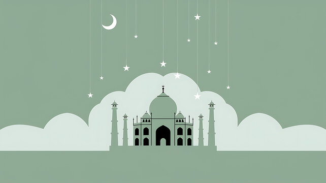 Minimalist Silhouette of the Taj Mahal with a Crescent Moon and Stars in a Sage Green Sky