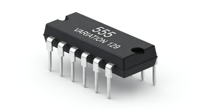 black integrated circuit chip with text 555 variation 129 and pins on white background
