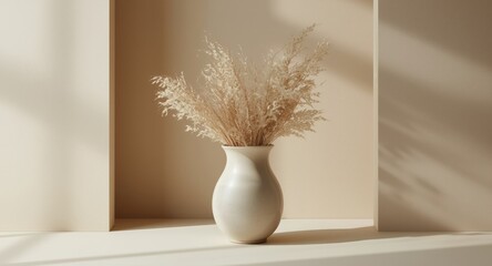 Fototapeta premium Modern decorative vase holding dried plants on matte grain textured backdrop featuring copy space and soft light