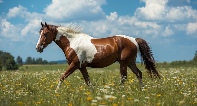 Natural American paint horse exploring an open summer meadow in full length view