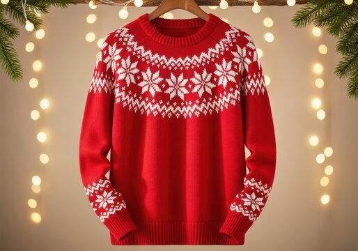 Red christmas sweater with white snowflake pattern on beige background with lights
