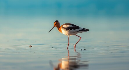 Avocet bird with multicolored feathers walking through water for food