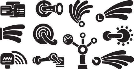 Obraz premium Black and white icons of technology and communication tools