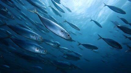 Obraz premium A dynamic school of silver fish swims in unison through the clear blue ocean water sunlight filtering from above