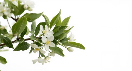 Citrus tree branch with white neroli blooms and tender leaves on white backdrop
