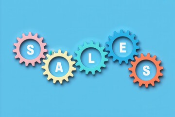 Colorful gears spelling out the word sale against a solid blue background, concept of business mechanism and promotion