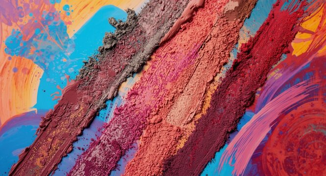 Colorful textured makeup swatches on vibrant creative background demonstrating artistry