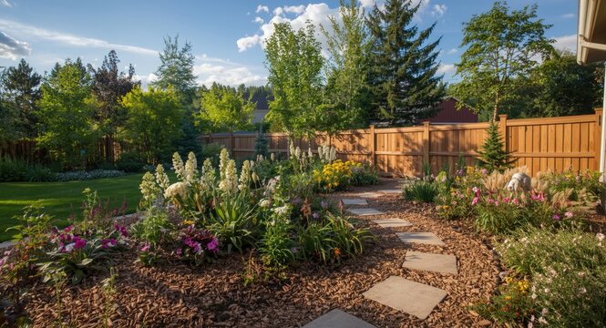 Peaceful residential side yard showcasing a thriving flower garden covered with organic wood chip mulch