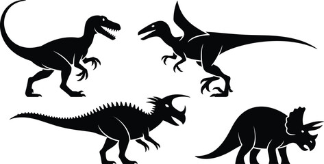 Black vector silhouette set of diverse predatory and herbivorous dinosaurs including Tyrannosaurus Rex Velociraptor and Triceratops for prehistoric nature and educational museum branding design