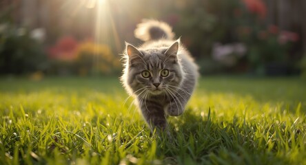 Energetic pet cat exploring lively backyard environment