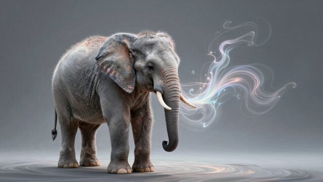 A majestic gray elephant with ivory tusks in a magical setting with swirling blue and pink mist or smoke