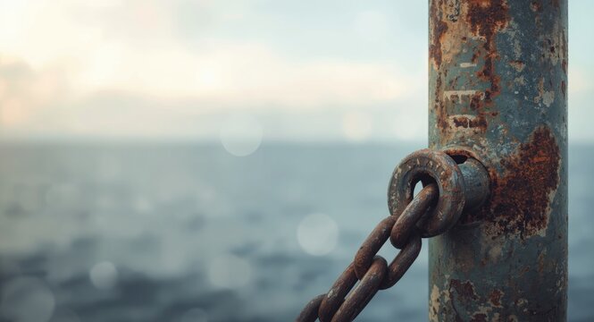 Ship anchor hawsepipe showing rusted chain link close up with copyspace for text
