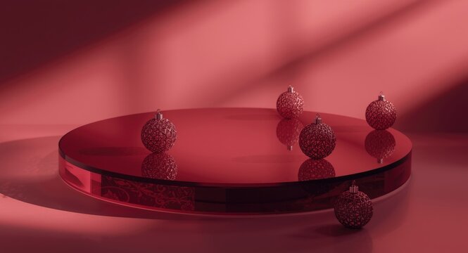 Clean modern glass podium featuring madder red tones and decorative 3D shadow baubles