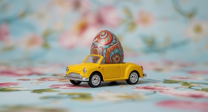 Yellow miniature car toy carrying a multihued Easter egg surrounded by a smooth floral blur backdrop symbolizing festive cheer