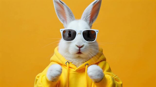 White rabbit in yellow hoodie and sunglasses