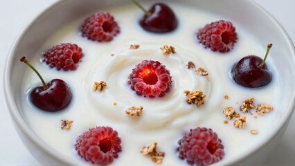 Breakfast bowl topped with raspberries, cherries, and granola in white yogurt