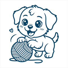 Fototapeta premium Cute Puppy Playing with Yarn Ball Cartoon Vector Illustration