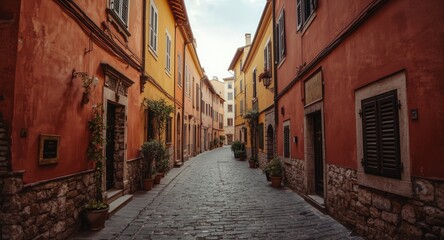 Fototapeta premium Authentic medieval street lined with a series of lively colorful houses