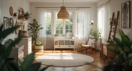 Bright and airy farmhouse style kids room with parquet floor and boho decoration
