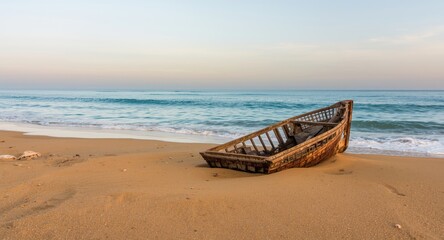 Fototapeta premium Serene shore landscape with a stranded shipwreck visible on sand