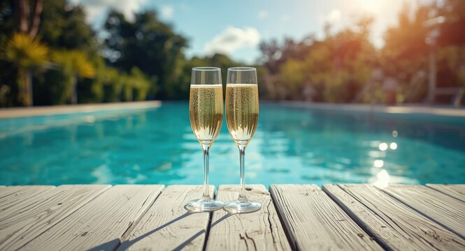 Summer scene with two flute glasses of prosecco on whitewashed wooden planks beside a pool
