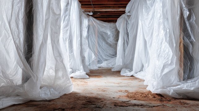 Plastic sheets cover a building area for construction work and dust control