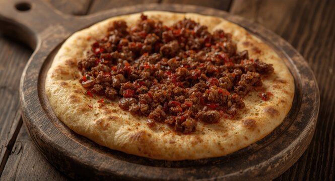 Traditional flatbread spiced and topped with minced meat on wooden board