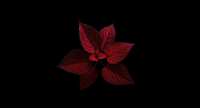 Striking red jathropa plant leaves contrasted with a deep black background for bold effect