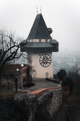 Graz Clock tower on a foggy day