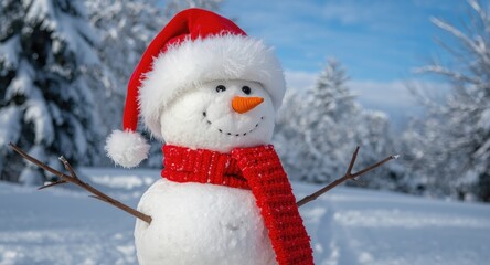 Merry snowman wearing holiday hat and scarf on a snowy winter day