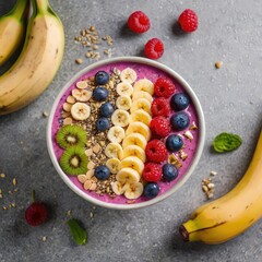 bowl of fruit, Colorful smoothie topped with chia seeds, banana slices, berries, bright clean background
