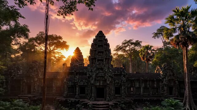 Angkor Wat Sunrise - Ancient Temple Amidst Jungle Canopy at Dawn.