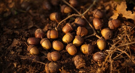 Scattered ripe acorns lying on a mix of soil, leaves, and small twigs