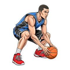 Basketball player dribbling ball in blue jersey and shorts isolated on a transparent background