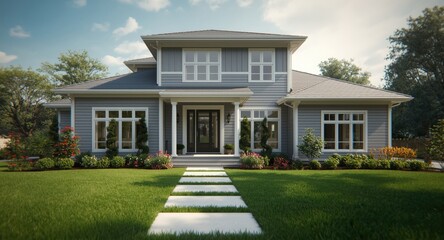 Fototapeta premium Stylish two story home exterior with sleek grey siding and a well kept front yard