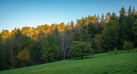 Idyllic forest scene showcasing mixed tree species on a gently sloping grassy hill