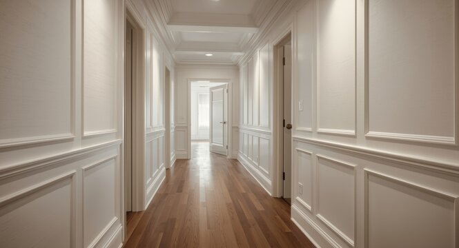 Stylish corridor interior enhanced by white board and batten paneling and neutral tones